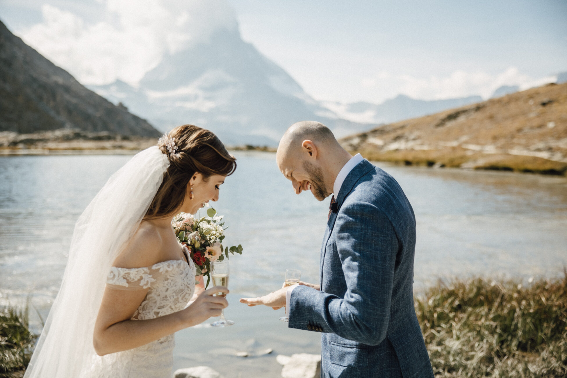 bride and groom at their elopement in Zermatt near Matterhorn